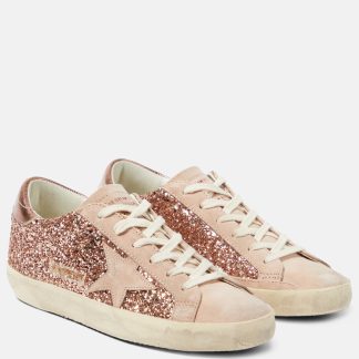 Hoogwaardige ontwerper Golden Goose Super-Star glitter sneakers met suède montuur roze