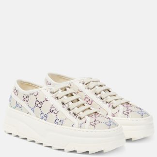 Hoogwaardige ontwerper Gucci GG versierde lamé platform sneakers beige