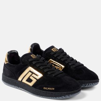 designer kopen Balmain Swan met leer afgezette suède sneakers zwart