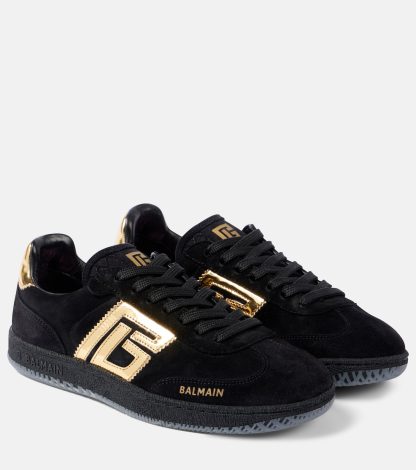 designer kopen Balmain Swan met leer afgezette suède sneakers zwart