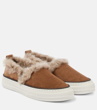 hete verkoopluxe Brunello Cucinelli Met omgekeerd lam gevoerde suède slip-on schoenen bruin