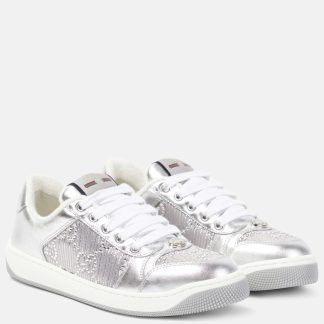 hete verkoopluxe Gucci Screener GG metallic leren sneakers zilver