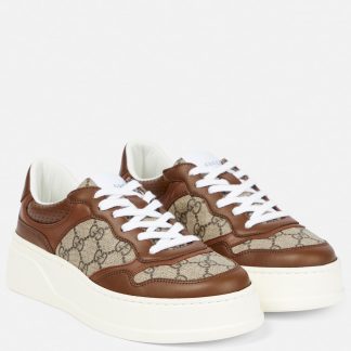 hoogwaardige luxe Gucci GG Supreme canvas sneakers met leren rand bruin