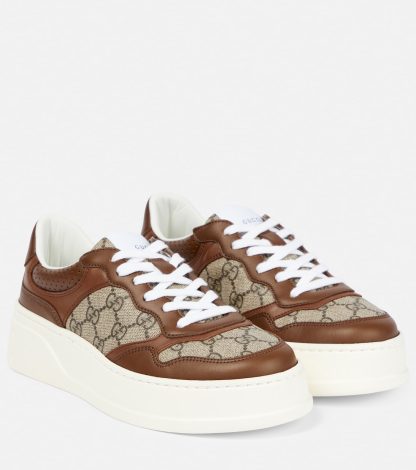 hoogwaardige luxe Gucci GG Supreme canvas sneakers met leren rand bruin