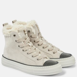 luxe replica Brunello Cucinelli Suède high-top sneakers met scheerrand beige