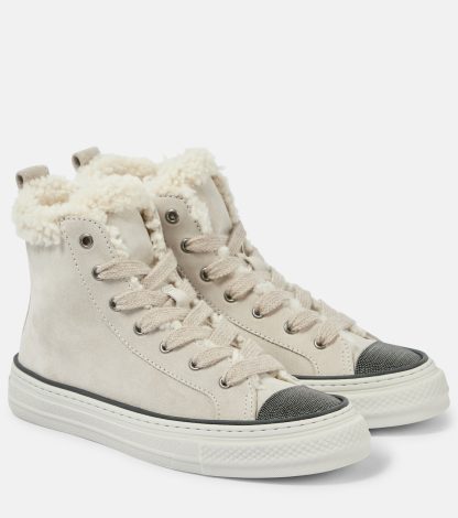 luxe replica Brunello Cucinelli Suède high-top sneakers met scheerrand beige