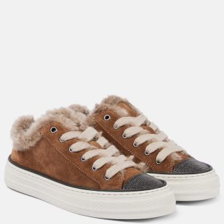 luxe replica Brunello Cucinelli Verfraaide sneakers van suède en omgekeerd lam bruin