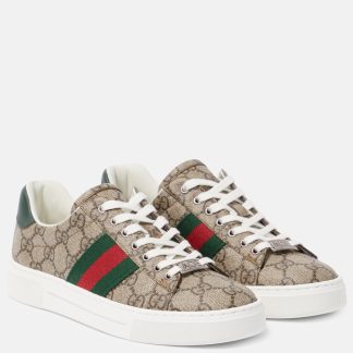 luxe replica Gucci Ace met leer afgezette GG sneakers beige