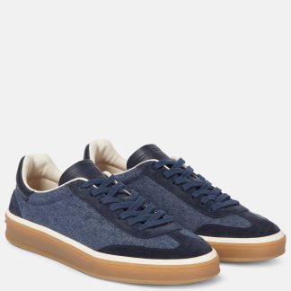 luxe replica Loro Piana Tennis Walk met suède afgezette denim sneakers blauw