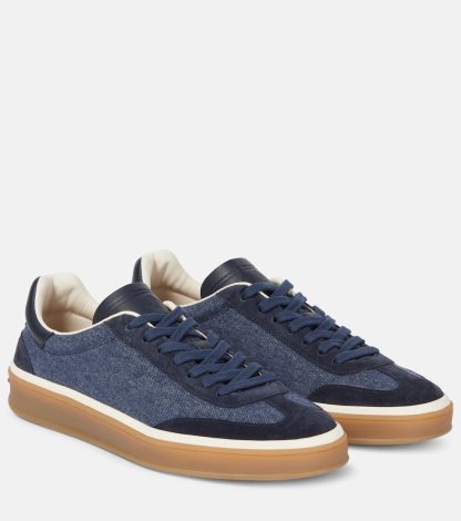 luxe replica Loro Piana Tennis Walk met suède afgezette denim sneakers blauw