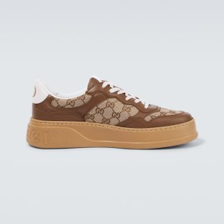 mode luxe Gucci GG met leer afgezette canvas sneakers bruin