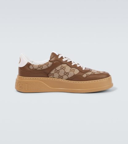 mode luxe Gucci GG met leer afgezette canvas sneakers bruin