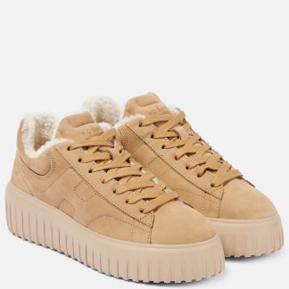 mode luxe Hogan H-Stripes met omgekeerd lam gevoerde suède sneakers beige