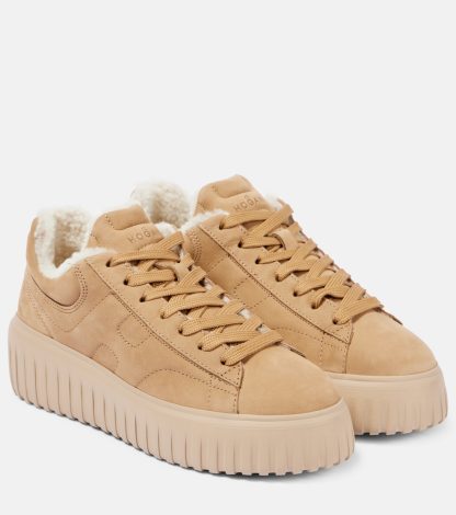 mode luxe Hogan H-Stripes met omgekeerd lam gevoerde suède sneakers beige